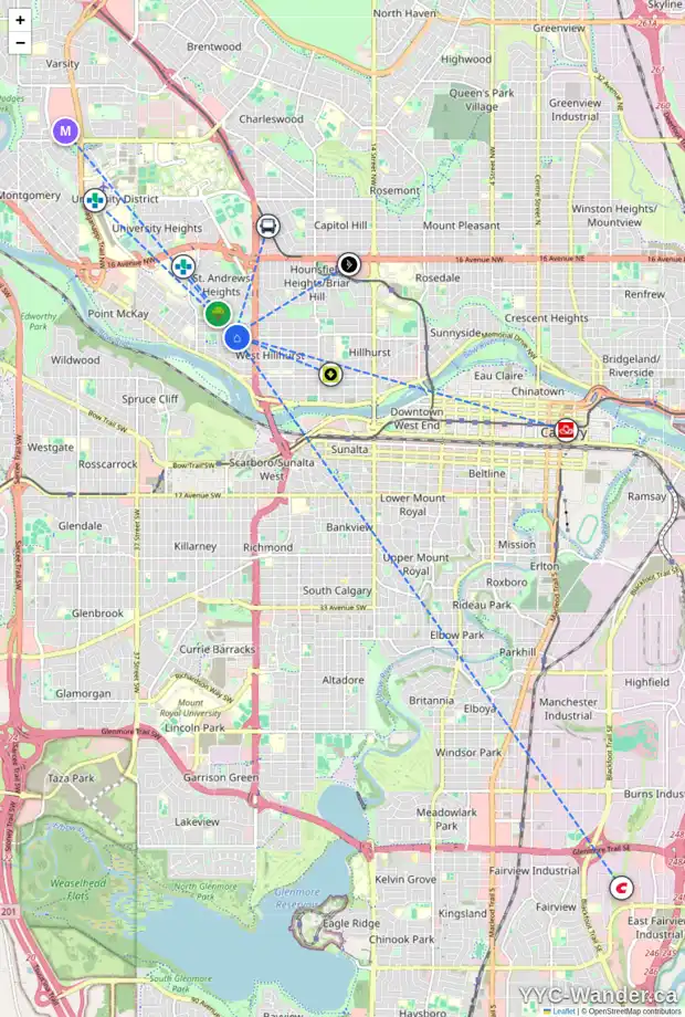 Daily accessibility map for 2627 6 AV NW, Calgary showing nearby schools, grocery stores, parks, LRT stations and nearby amenities
