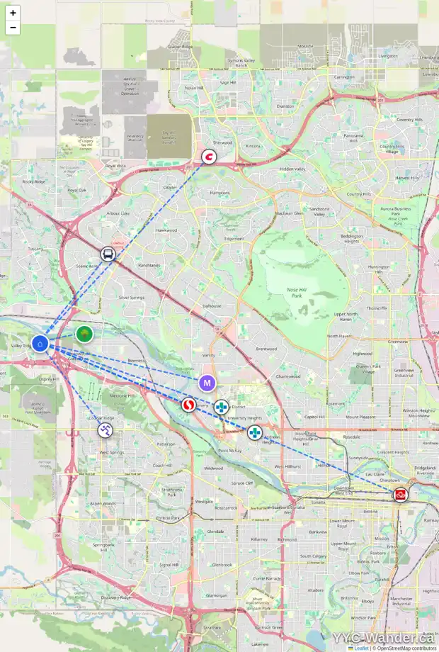 Daily accessibility map for 10916 VALLEY SPRINGS RD NW, Calgary showing nearby schools, grocery stores, parks, LRT stations and nearby amenities