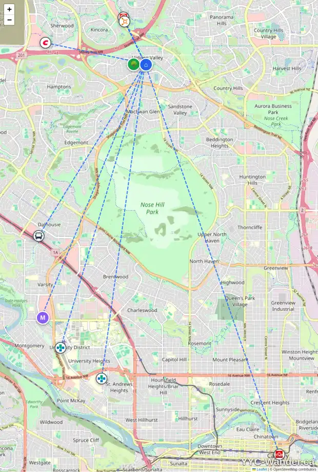 Daily accessibility map for 68 HIDDEN RIDGE CL NW, Calgary showing nearby schools, grocery stores, parks, LRT stations and nearby amenities