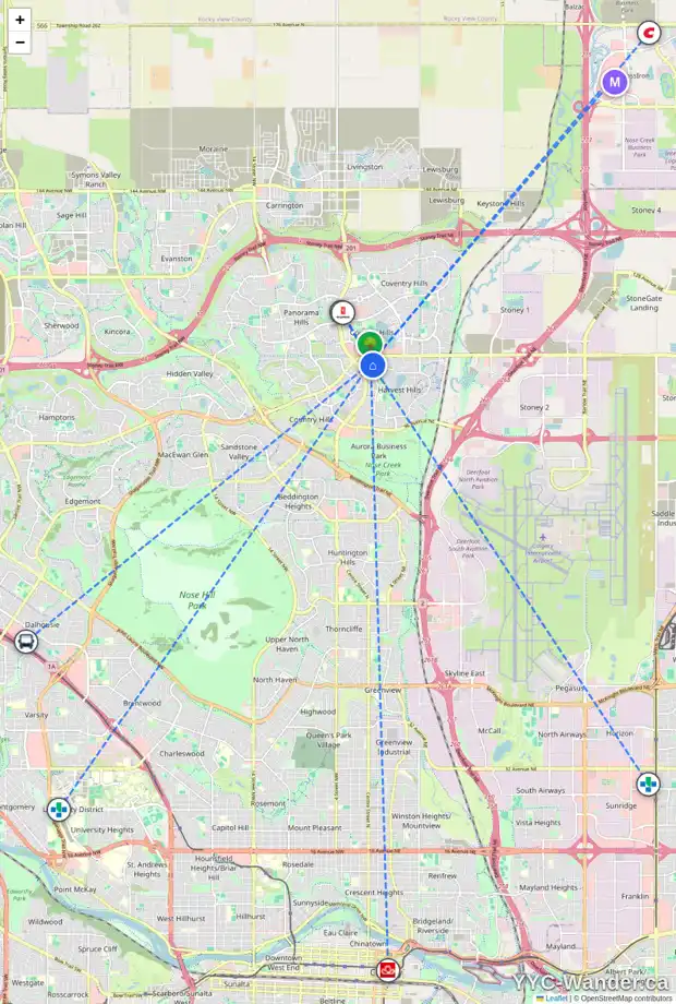 Daily accessibility map for 68 HARVEST OAK PL NE, Calgary showing nearby schools, grocery stores, parks, LRT stations and nearby amenities