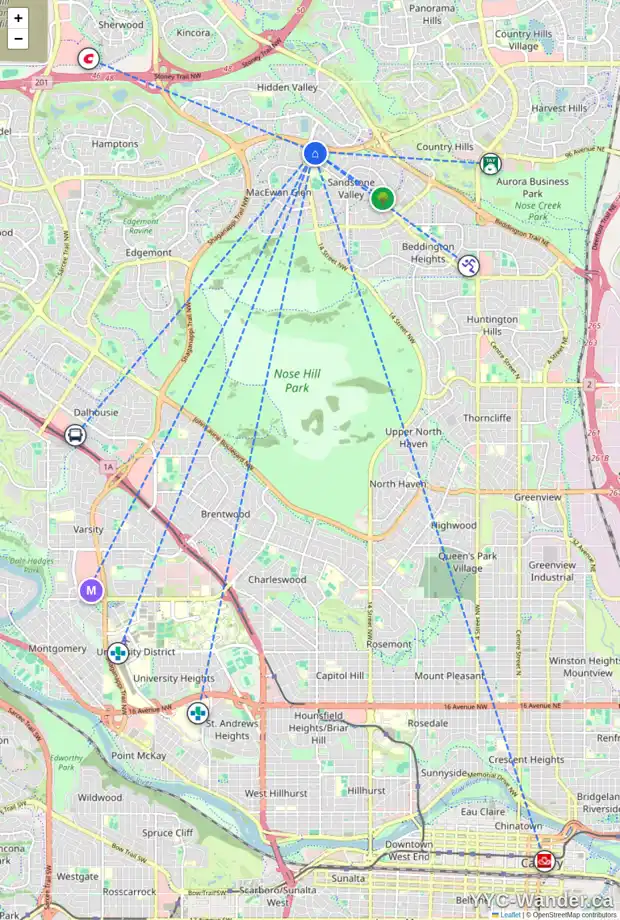 Daily accessibility map for 72 388 SANDARAC DR NW, Calgary showing nearby schools, grocery stores, parks, LRT stations and nearby amenities