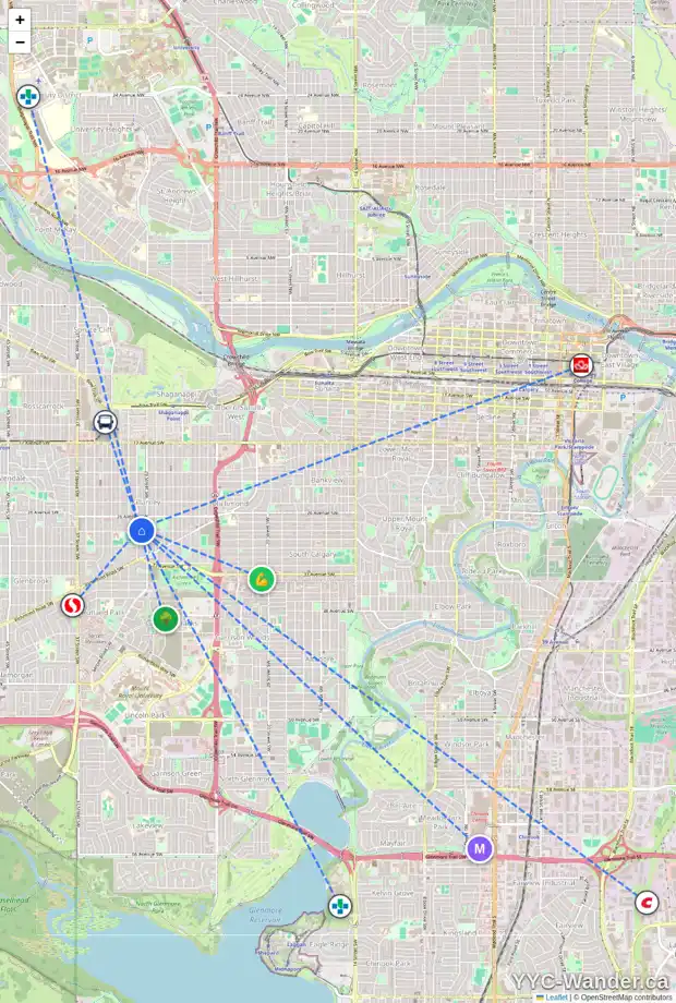 Daily accessibility map for 2836 30 ST SW, Calgary showing nearby schools, grocery stores, parks, LRT stations and nearby amenities