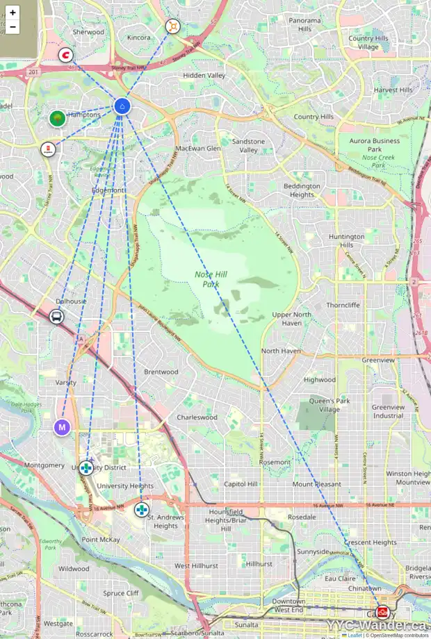 Daily accessibility map for 303 HAMPTONS DR NW, Calgary showing nearby schools, grocery stores, parks, LRT stations and nearby amenities