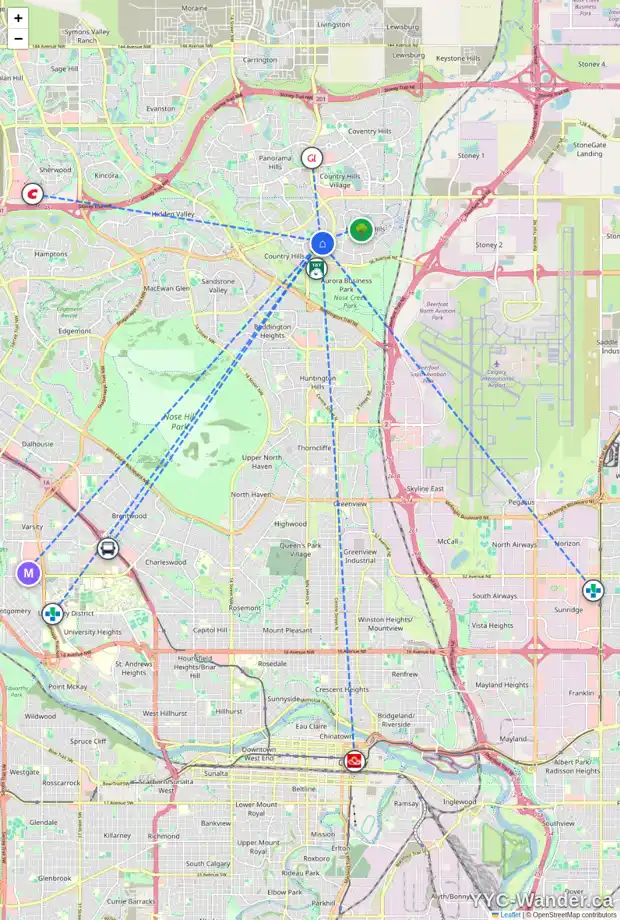 Daily accessibility map for 1001 COUNTRY HILLS CI NW, Calgary showing nearby schools, grocery stores, parks, LRT stations and nearby amenities