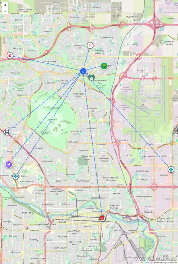 Daily accessibility map for 95 COUNTRY HILLS VW NW, Calgary showing nearby schools, grocery stores, parks, LRT stations and nearby amenities