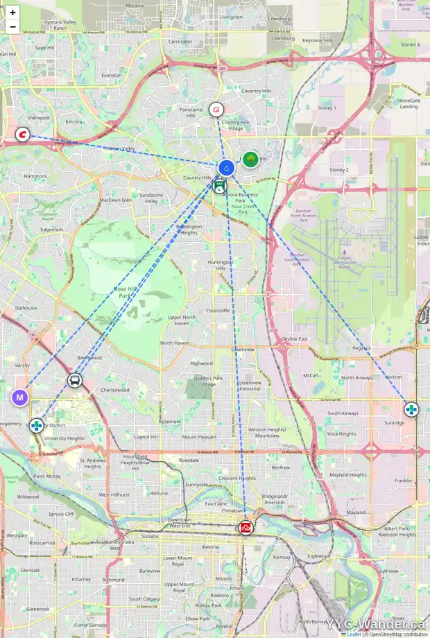 Daily accessibility map for 2159 COUNTRY HILLS CI NW, Calgary showing nearby schools, grocery stores, parks, LRT stations and nearby amenities