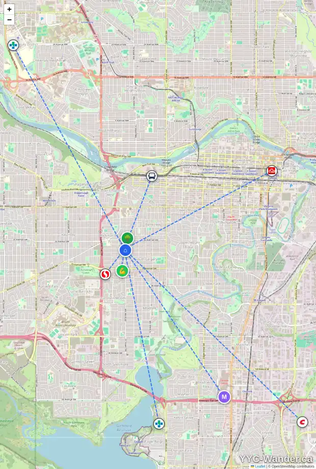 Daily accessibility map for 2103 28 AV SW, Calgary showing nearby schools, grocery stores, parks, LRT stations and nearby amenities