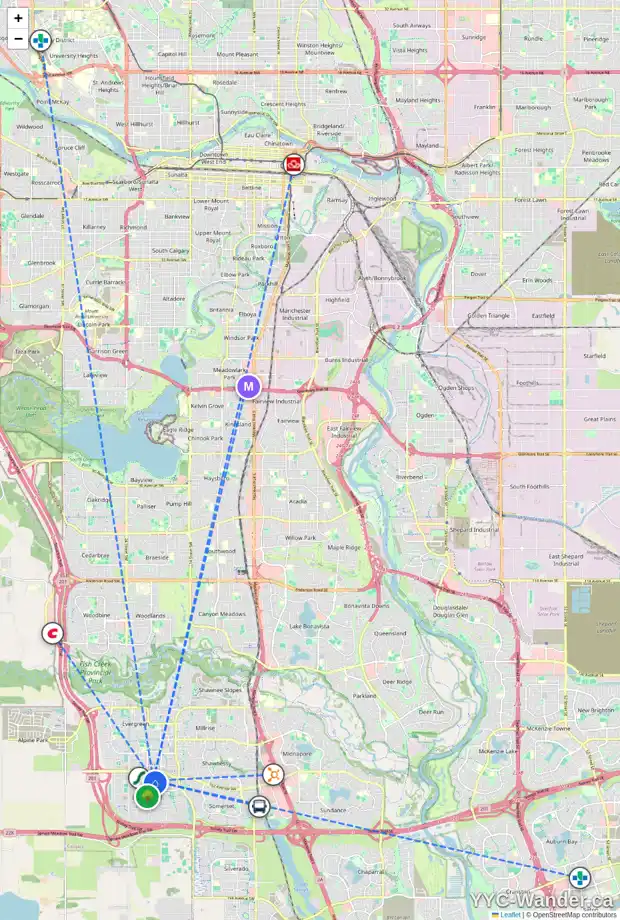Daily accessibility map for 93 BRIDLEGLEN RD SW, Calgary showing nearby schools, grocery stores, parks, LRT stations and nearby amenities