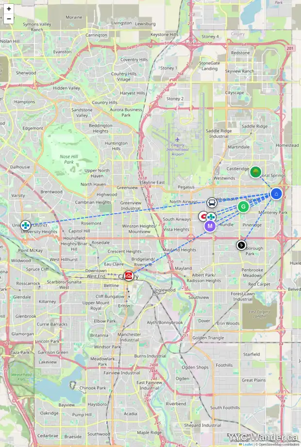 Daily accessibility map for 355 LOS ALAMOS PL NE, Calgary showing nearby schools, grocery stores, parks, LRT stations and nearby amenities