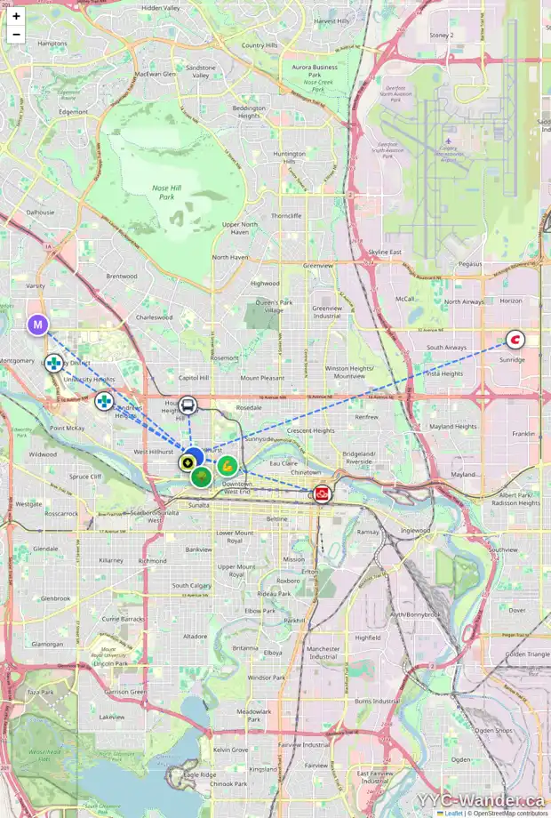 Daily accessibility map for 1773 2 AV NW, Calgary showing nearby schools, grocery stores, parks, LRT stations and nearby amenities