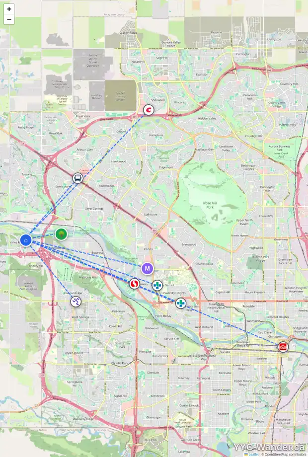 Daily accessibility map for 11076 VALLEY SPRINGS RD NW, Calgary showing nearby schools, grocery stores, parks, LRT stations and nearby amenities