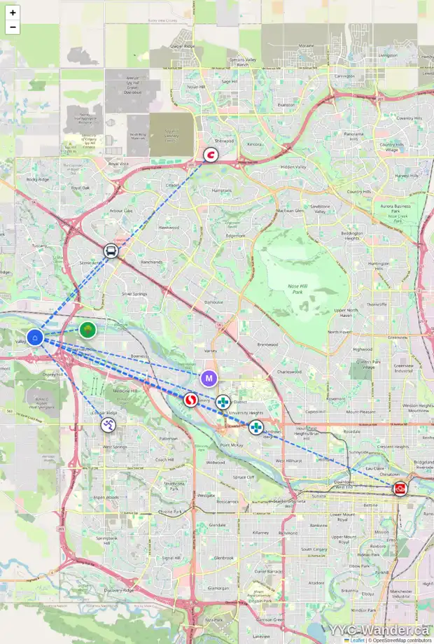 Daily accessibility map for 11019 VALLEY SPRINGS RD NW, Calgary showing nearby schools, grocery stores, parks, LRT stations and nearby amenities