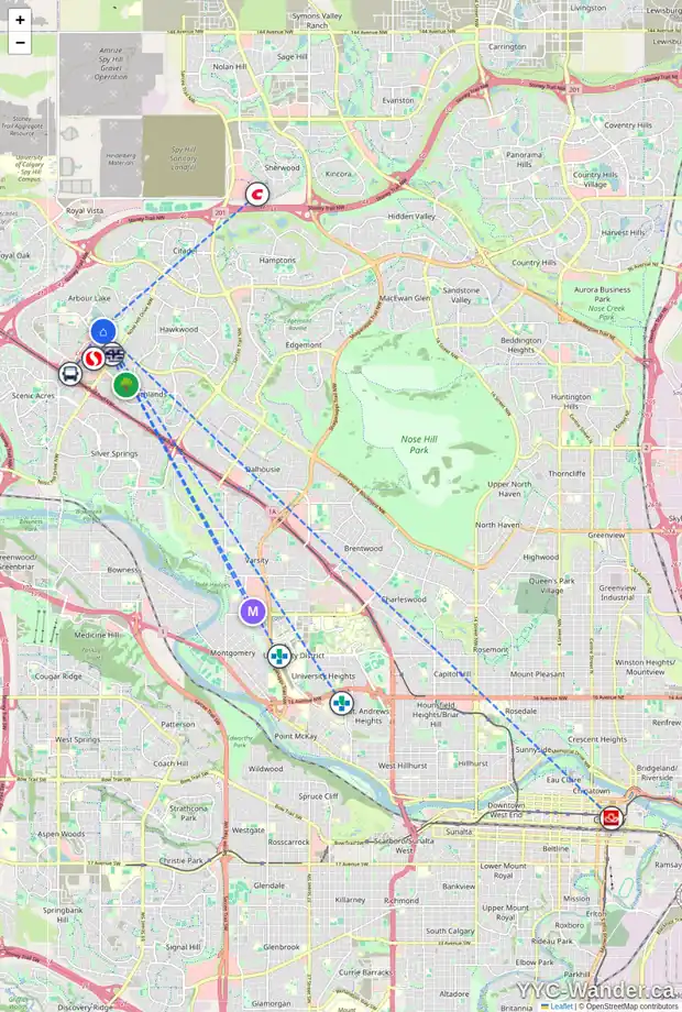 Daily accessibility map for 16 ARBOUR ESTATES VW NW, Calgary showing nearby schools, grocery stores, parks, LRT stations and nearby amenities