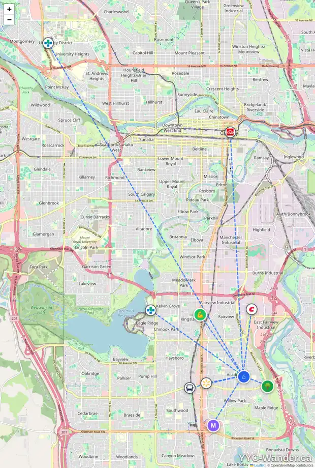 Daily accessibility map for 625 94 AV SE, Calgary showing nearby schools, grocery stores, parks, LRT stations and nearby amenities