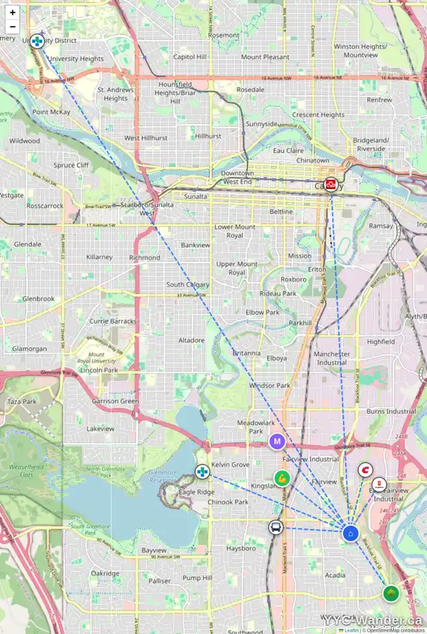 Daily accessibility map for 8520 ASHWORTH RD SE, Calgary showing nearby schools, grocery stores, parks, LRT stations and nearby amenities