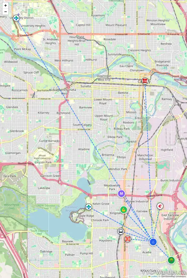 Daily accessibility map for 104 ALLANDALE CL SE, Calgary showing nearby schools, grocery stores, parks, LRT stations and nearby amenities