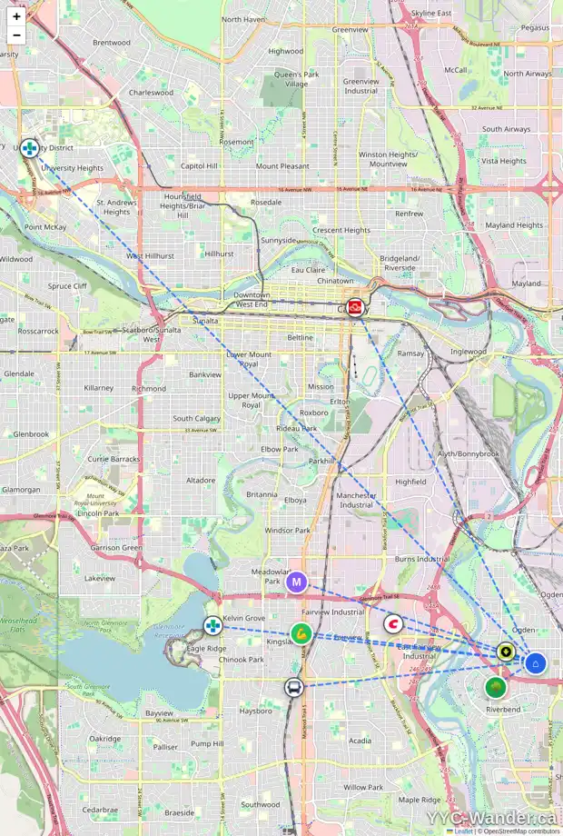 Daily accessibility map for 7813 22 ST SE, Calgary showing nearby schools, grocery stores, parks, LRT stations and nearby amenities