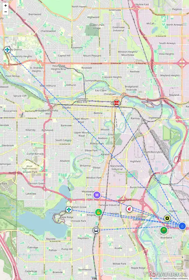 Daily accessibility map for 8019 24 ST SE, Calgary showing nearby schools, grocery stores, parks, LRT stations and nearby amenities