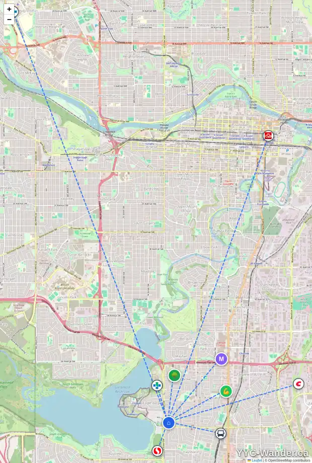 Daily accessibility map for 1427 COLLEEN AV SW, Calgary showing nearby schools, grocery stores, parks, LRT stations and nearby amenities