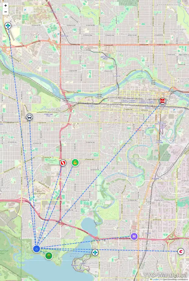 Daily accessibility map for 6907 LIVINGSTONE DR SW, Calgary showing nearby schools, grocery stores, parks, LRT stations and nearby amenities