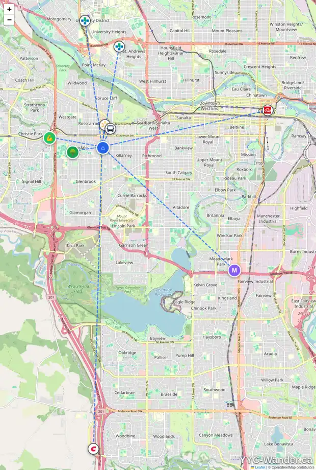 Daily accessibility map for 2212 37 ST SW, Calgary showing nearby schools, grocery stores, parks, LRT stations and nearby amenities
