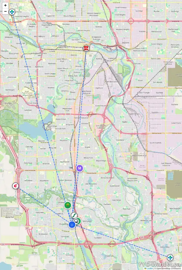 Daily accessibility map for 148 SHAWNESSY DR SW, Calgary showing nearby schools, grocery stores, parks, LRT stations and nearby amenities