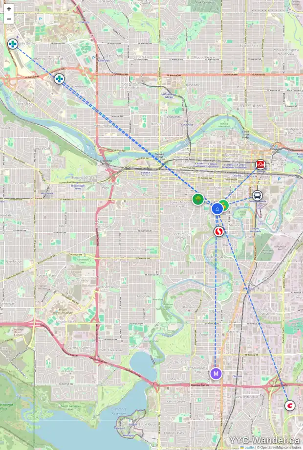Daily accessibility map for 535 19 AV SW, Calgary showing nearby schools, grocery stores, parks, LRT stations and nearby amenities