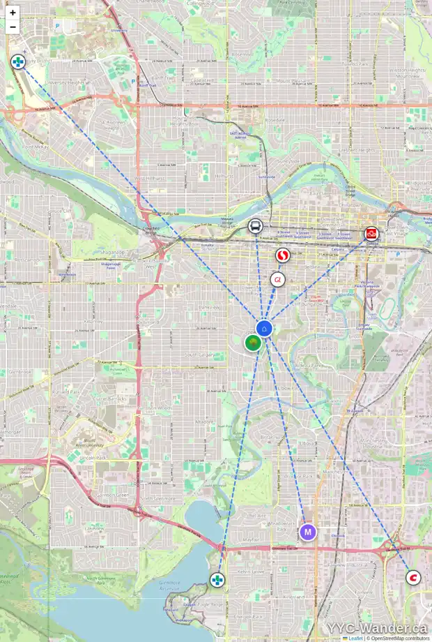 Daily accessibility map for 2424 10 ST SW, Calgary showing nearby schools, grocery stores, parks, LRT stations and nearby amenities