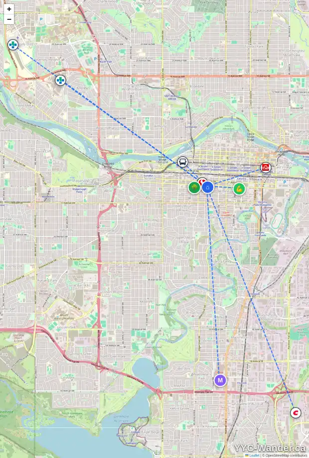 Daily accessibility map for 606 735 12 AV SW, Calgary showing nearby schools, grocery stores, parks, LRT stations and nearby amenities