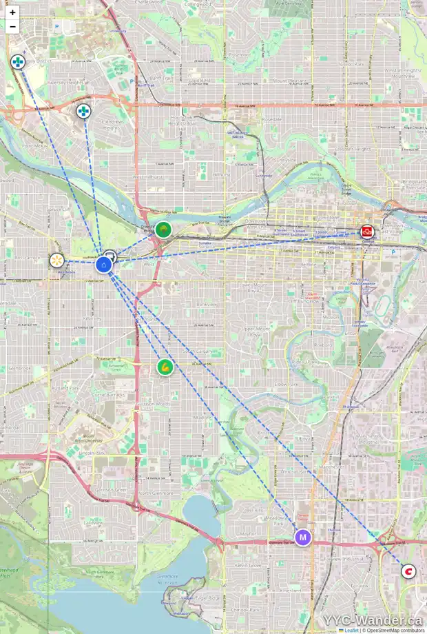 Daily accessibility map for 1419 27 ST SW, Calgary showing nearby schools, grocery stores, parks, LRT stations and nearby amenities