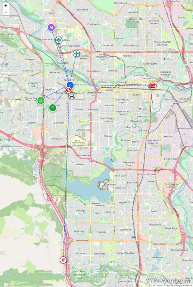 Daily accessibility map for 21 TAMARAC CR SW, Calgary showing nearby schools, grocery stores, parks, LRT stations and nearby amenities