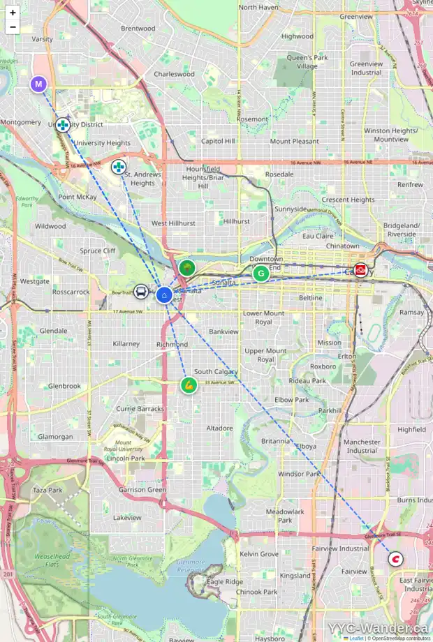 Daily accessibility map for 2503 12 AV SW, Calgary showing nearby schools, grocery stores, parks, LRT stations and nearby amenities