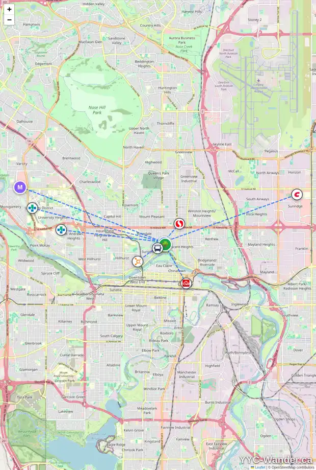 Daily accessibility map for 418 CRESCENT RD NW, Calgary showing nearby schools, grocery stores, parks, LRT stations and nearby amenities