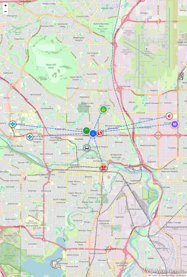 Daily accessibility map for 317 18 AV NW, Calgary showing nearby schools, grocery stores, parks, LRT stations and nearby amenities