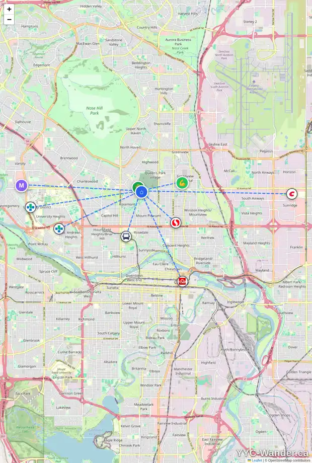 Daily accessibility map for 943 31 AV NW, Calgary showing nearby schools, grocery stores, parks, LRT stations and nearby amenities