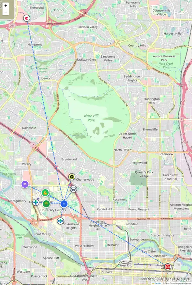 Daily accessibility map for 2415 USHER RD NW, Calgary showing nearby schools, grocery stores, parks, LRT stations and nearby amenities