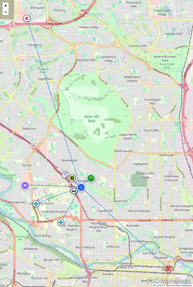 Daily accessibility map for 3303 24 ST NW, Calgary showing nearby schools, grocery stores, parks, LRT stations and nearby amenities