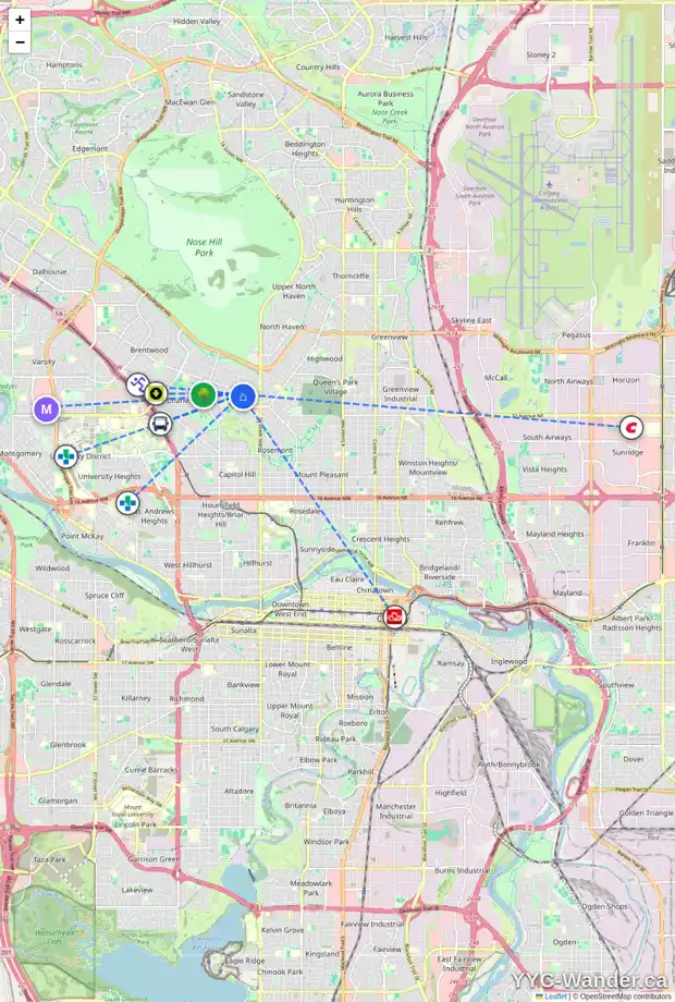Daily accessibility map for 8 CLARENDON RD NW, Calgary showing nearby schools, grocery stores, parks, LRT stations and nearby amenities