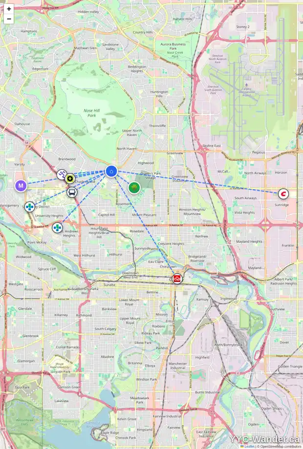 Daily accessibility map for 4035 COMANCHE RD NW, Calgary showing nearby schools, grocery stores, parks, LRT stations and nearby amenities