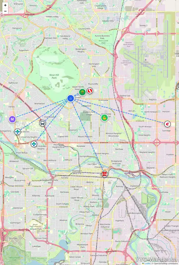 Daily accessibility map for 96 NORQUAY HT NW, Calgary showing nearby schools, grocery stores, parks, LRT stations and nearby amenities