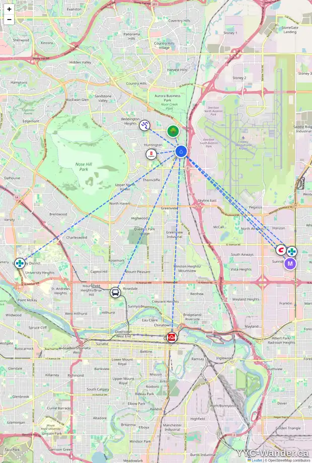 Daily accessibility map for 195 HUNTERHORN DR NE, Calgary showing nearby schools, grocery stores, parks, LRT stations and nearby amenities