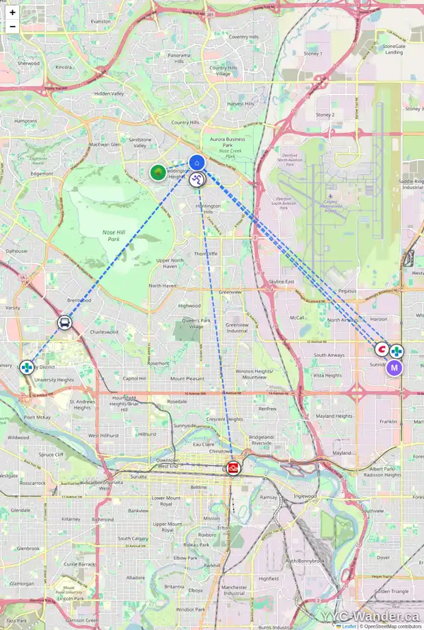 Daily accessibility map for 44 BERGEN CR NW, Calgary showing nearby schools, grocery stores, parks, LRT stations and nearby amenities