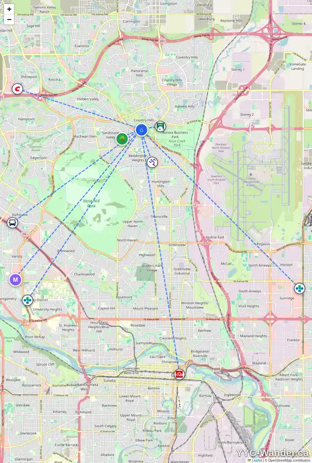 Daily accessibility map for 20 COUNTRY HILLS CL NW, Calgary showing nearby schools, grocery stores, parks, LRT stations and nearby amenities