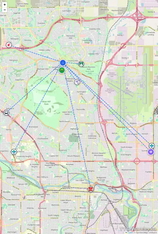 Daily accessibility map for 54 SANDERLING RD NW, Calgary showing nearby schools, grocery stores, parks, LRT stations and nearby amenities
