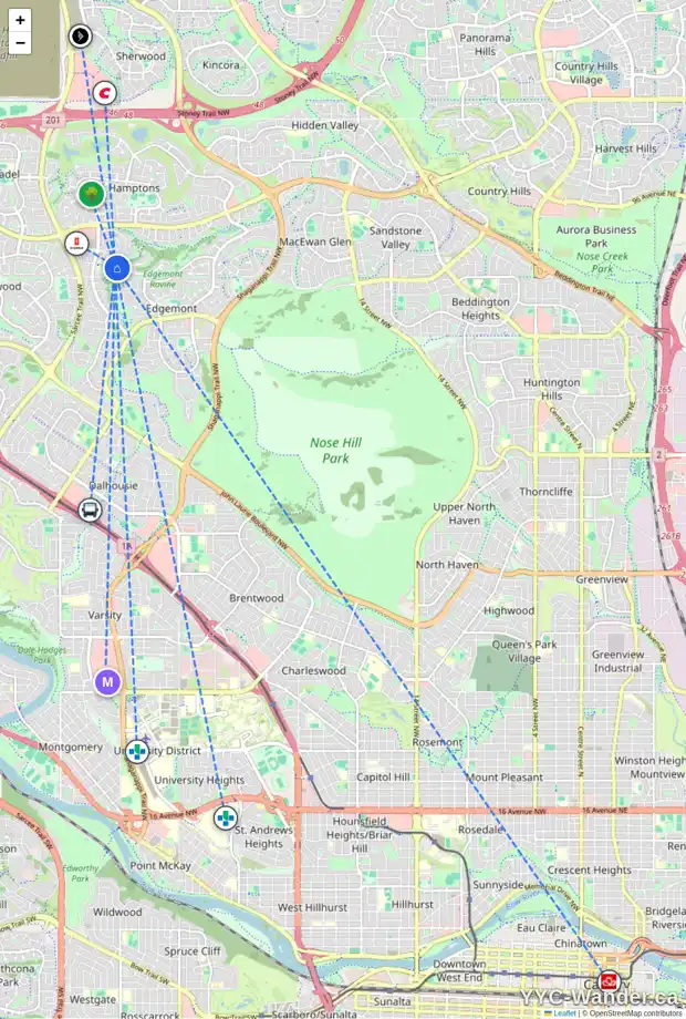 Daily accessibility map for 36 EDGEPARK WY NW, Calgary showing nearby schools, grocery stores, parks, LRT stations and nearby amenities