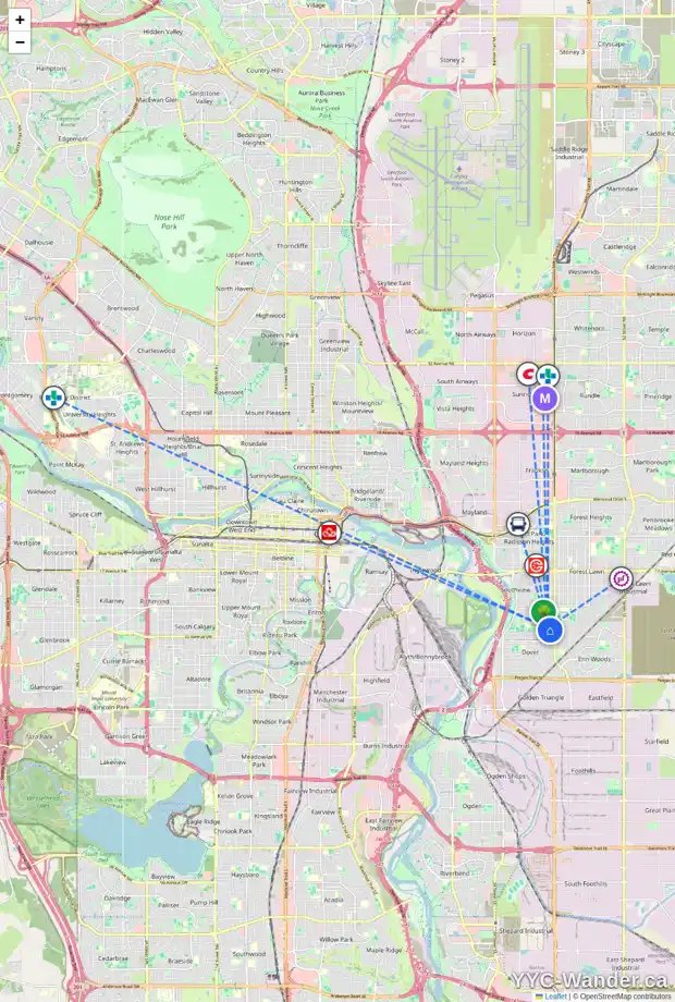 Daily accessibility map for 3432 31A AV SE, Calgary showing nearby schools, grocery stores, parks, LRT stations and nearby amenities