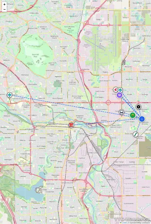 Daily accessibility map for 18 100 PENNSYLVANIA RD SE, Calgary showing nearby schools, grocery stores, parks, LRT stations and nearby amenities