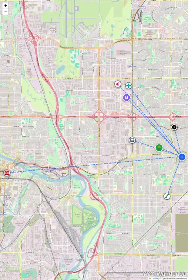 Daily accessibility map for 36 100 PENNSYLVANIA RD SE, Calgary showing nearby schools, grocery stores, parks, LRT stations and nearby amenities