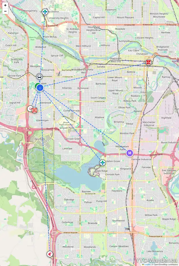 Daily accessibility map for 21 GLENFIELD RD SW, Calgary showing nearby schools, grocery stores, parks, LRT stations and nearby amenities