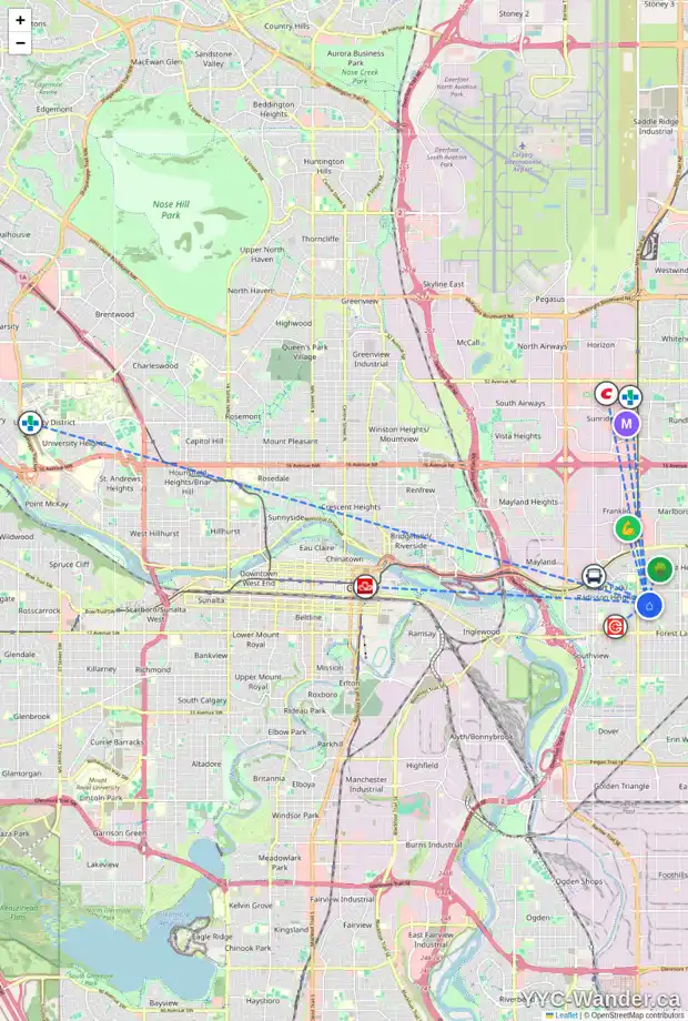 Daily accessibility map for 1127 38 ST SE, Calgary showing nearby schools, grocery stores, parks, LRT stations and nearby amenities